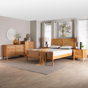 Baxton Studio Jenn Golden Brown Wood Japandi 5-Piece Queen Size Bedroom Set with Distressed-Finished Rattan - 1 of 4