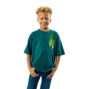 Minecraft Creeper Pocket Crew Neck Short Sleeve Boy’s Green Colorblock T-shirt - 1 of 4