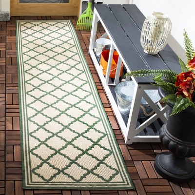 Cream and Green Synthetic Stain-Resistant Indoor/Outdoor Rug