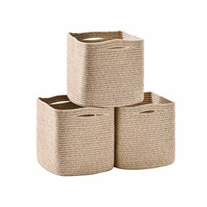 Aoibox 11 Inch Cube Storage Bins Woven Cotton Rope Baskets for Shelves Organizing Toys Nursery Square Brown 3 Pack - 1 of 4