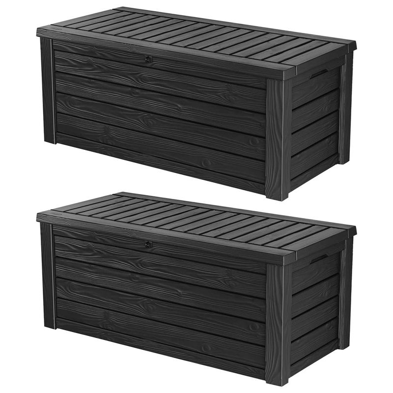 Keter Westwood Outdoor Resin 150 Gallon Deck Storage Box Organizer for Patio Furniture, Pool Toys and Yard Tools with Bench, Dark Gray (2 Pack), 1 of 7
