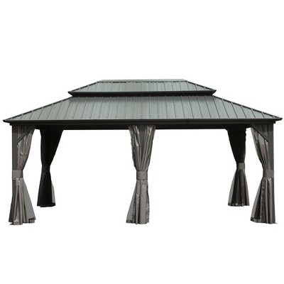 Gloweer Hardtop Gazebo, Outdoor Aluminum Frame Canopy with Galvanized Steel Roof, Permanent Metal Pavilion with Curtains and Netting