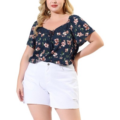 Agnes Orinda Women's Plus Size Floral Short Sleeve Square Tassel Tie Neck  Peasant Tops Navy Blue 1x : Target