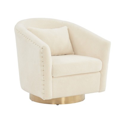 Ivory Velvet Swivel Barrel Chair with Wood Accents