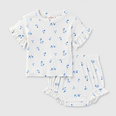 Baby Girls' Ribbed Top & Bottom Set - Cat & Jack™ Cream/Blue 18M