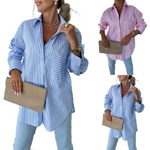 Garvee Women Casual Classic Button Down Striped Lapel Long Sleeve Shirts Office Work Blouses Tops With Front Pocket - 1 of 4