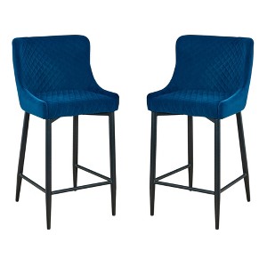 HomeRoots Set of Two 26" Blue and Black Velvet and Metal Low Back Counter Height Bar Chairs - 1 of 4