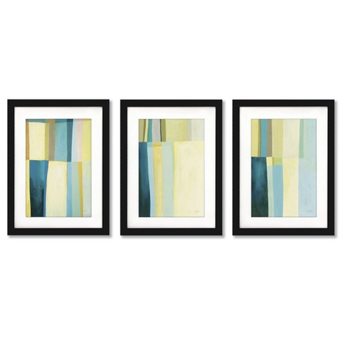 (set Of 3) Green Grid By Jane Davies Black Matted Framed Triptych Wall ...