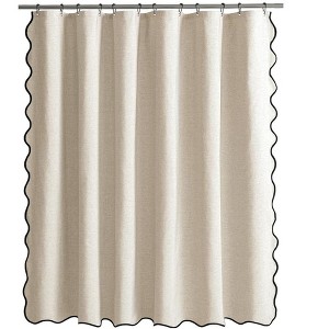 Aoibox Scalloped Shower Curtain with Black Border, Linen Textured, Waterproof, Heavy Duty, Includes 12 Metal Hooks for Bathroom or Hotel Bathtub - 1 of 4