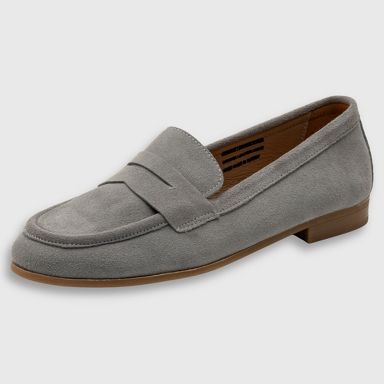 Alpine Swiss Helen Womens Leather Penny Loafers Comfortable Slip On Flat Shoes Dressy Professional Office Work Flats gray suede women's us shoe size:6