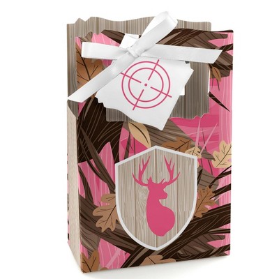 Big Dot of Happiness Pink Gone Hunting - Deer Hunting Girl Camo Baby Shower or Birthday Party Favor Boxes - Set of 12