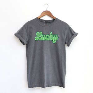 Simply Sage Market Women's Green Lucky Cursive St. Patrick's Day Short Sleeve Garment Dyed Tee - 1 of 2