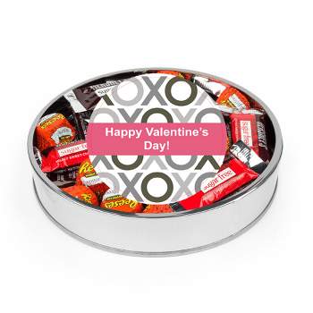Valentine's Day Sugar Free Candy Gift Tin Large Plastic Tin with Sticker and Hershey's Chocolate & Reese's Mix - xoxo  - By Just Candy
