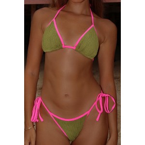 'Olive & Hot Pink' Scrunch Tie Side Bikini Bottoms - 1 of 4