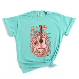 Simply Sage Market Women's Pink Guitar Floral Short Sleeve Garment Dyed Tee - 1 of 2