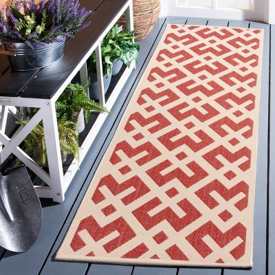 Red and Bone Geometric Low Pile Indoor/Outdoor Runner Rug