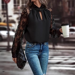 Women's Lace Long Sleeve Top Casual Blouse with Sheer Sleeves Comfortable Casual Shirt Black S - 1 of 4