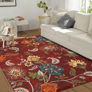 Floral Rug Vintage Distressed Rug Colorful Indoor Floor Mat Washable Accent Rug - 1 of 4