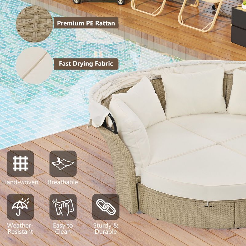 Outdoor Patio Rattan Daybed, Round Wicker Double Daybed Sofa with Retractable Canopy and 4 Pillows 4M -ModernLuxe, 5 of 13