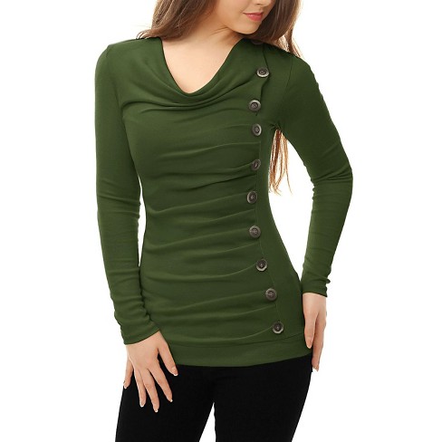 Allegra K Women's Cowl Neck Long Sleeves Buttons Decor Ruched Top Green ...
