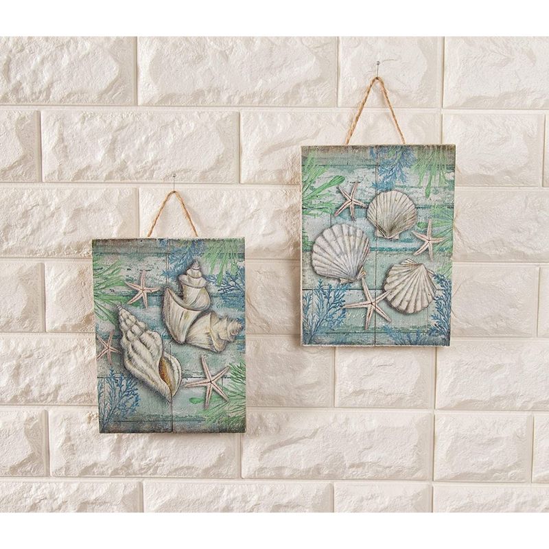 Juvale Wooden Wall Ornament - 2-Piece Small Hanging Decorations Under The Sea Seashells Design, Natural Decor Living Room, Hallway Dining, 8x5.9x0.9", 3 of 7