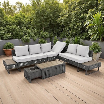 6-Piece Outdoor Patio Rattan Sectional Sofa Set with Adjustable Seat, Side Table, Coffee Table with Ice Bucket