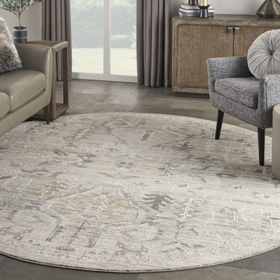 Ivory Taupe Round Floral Synthetic Bohemian Rug