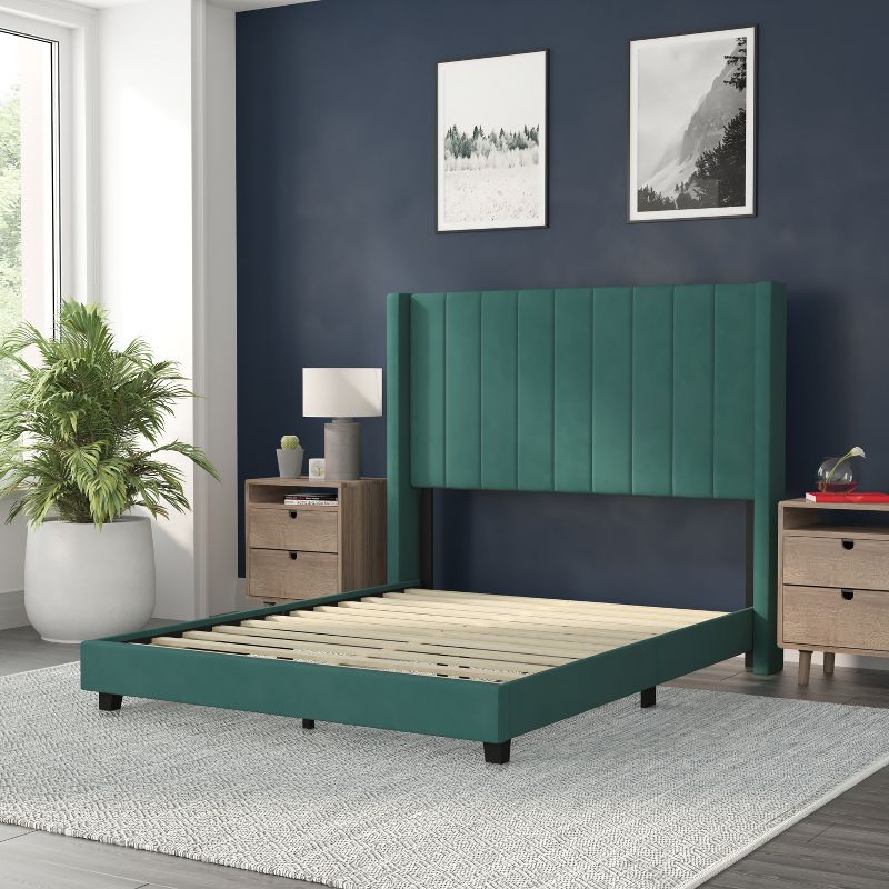 Flash Furniture Bianca Upholstered Platform Bed with Vertical Stitched Wingback Headboard, Slatted Mattress Foundation, No Box Spring Needed, 5 of 12