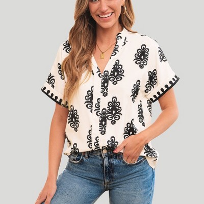Amaryllis Women’s Short Sleeve Notch Neck Blouse Bold Damask Print Button Front Relaxed Fit Blouse