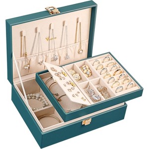 2-Layer Pink PU Leather Jewelry Box, Vintage Organizer with Removable Tray for Necklaces, Earrings, Rings, Bracelets - 1 of 4