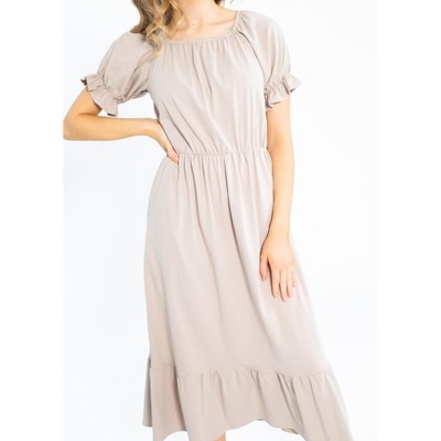 Inherit Amy Puff Sleeve Midi Dress Taupe Large