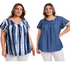 GRACE & GRANDEUR Women's Plus Size 2 Pcs Set Toothpick Pleated Texture Tops and V Neck Ruffle Tie Dye T-shirt - 1 of 4