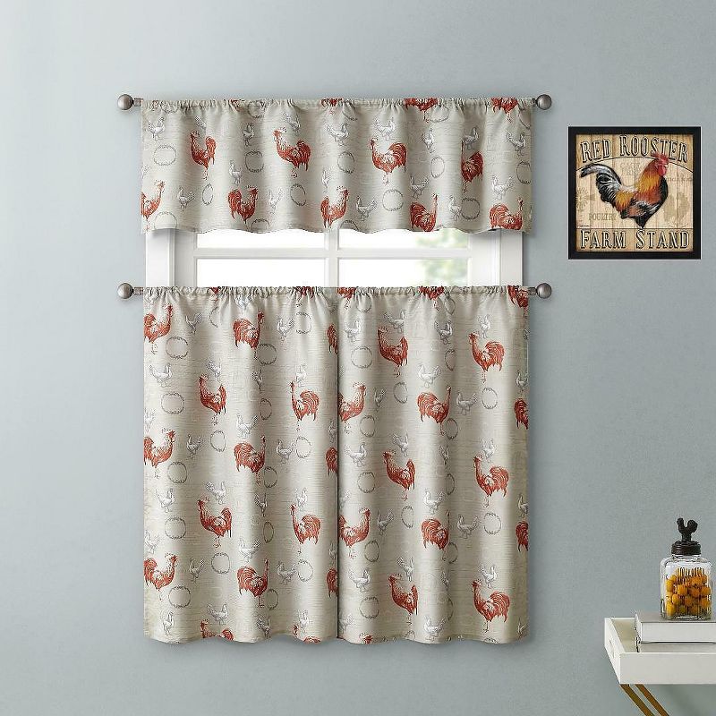Kate Aurora Living Country Farmhouse Red Rooster Barn 3 Piece Kitchen Curtain Tier & Valance Set - 56 in. W x 15 in. L, 2 of 3