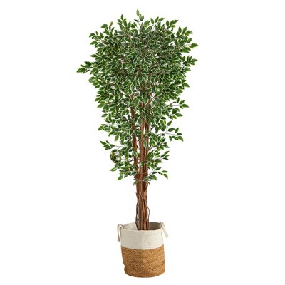 Nearly Natural 70-in Variegated Ficus Tree in Handmade Jute and Cotton Planter UV Resistant (Indoor/Outdoor)