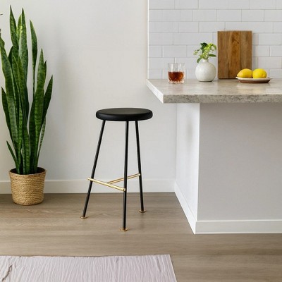 Royal Hampton 24.5 Backless Barstool with Round Mango Wood Seat | PVD Coating | Gold Footrest | Iron Legs