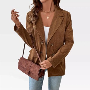 Womens Blazer Trendy Textured Fashion Tiny Corduroy Lapel Neck Blazers Faux Double Breasted Coats with Faux Flat Pocket - 1 of 4