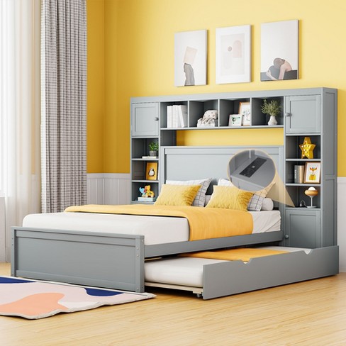 Full Size Wooden Bed With All-in-one Cabinet, Shelf And Trundle, Gray ...