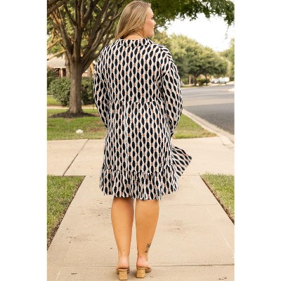 Geometric Print Collared V Neck Plus Size Mini Dress