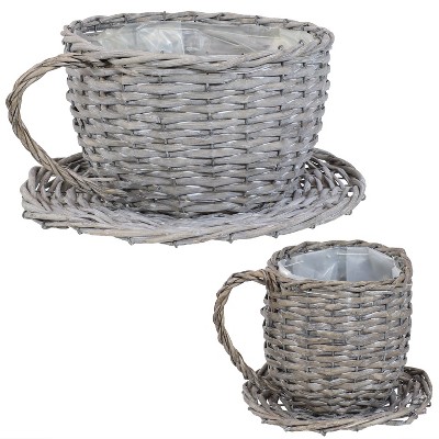 Sunnydaze Willow Wicker Coffee Cup Indoor Planters - Gray - Set of 2