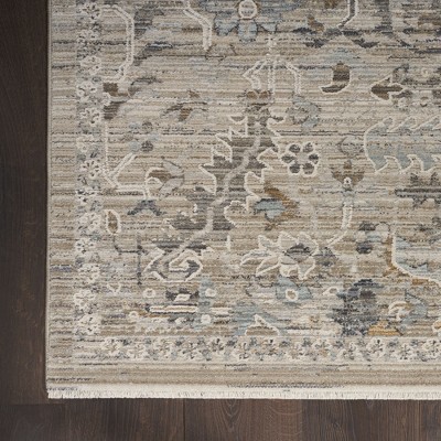 Ivory Taupe Floral Synthetic Round Washable Rug
