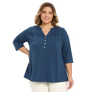 Women's Plus Size Pleated Notch Neck Button Front 3/4 Sleeve Dressy Casual Blouses - GRACE & GRANDEUR - 1 of 4