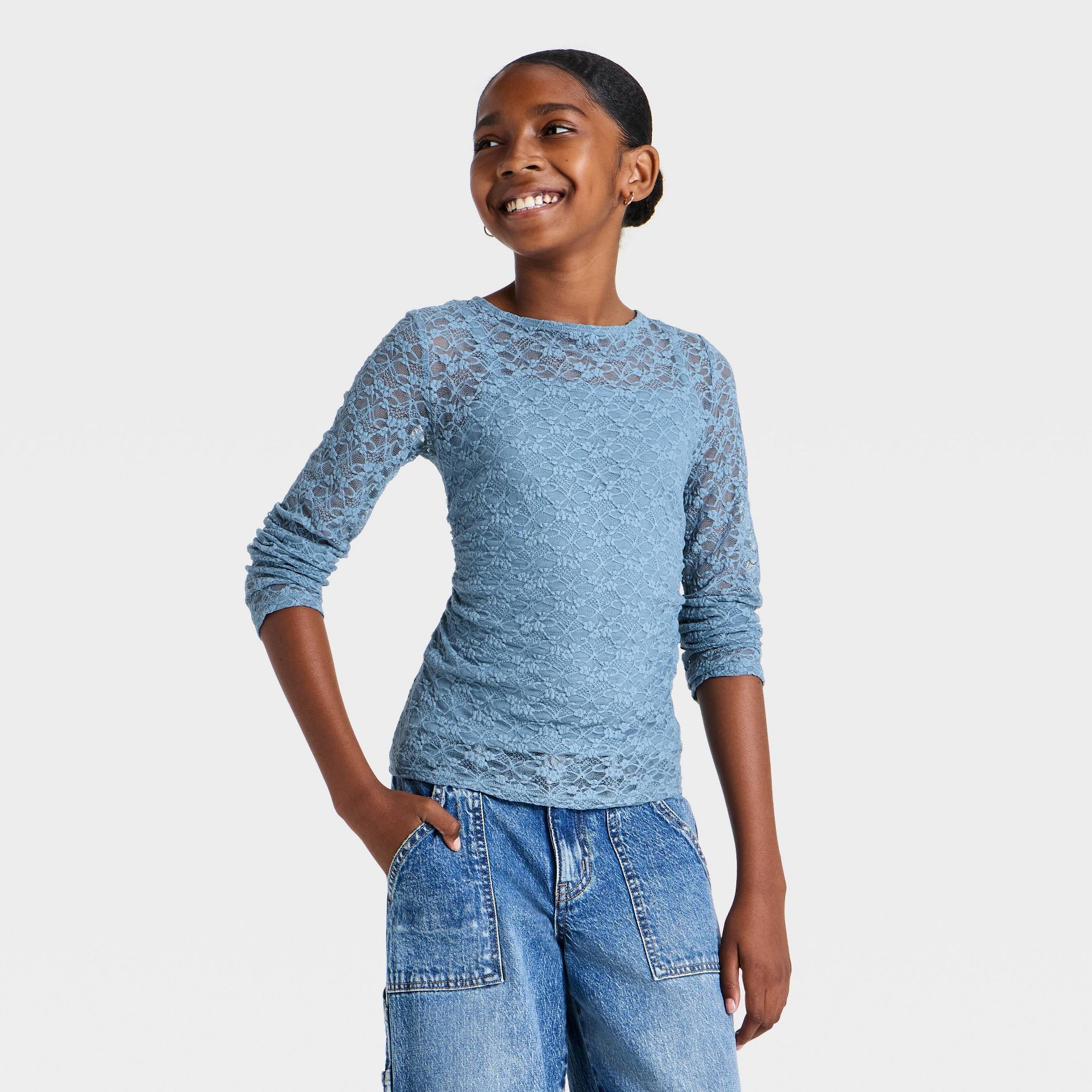 Girls' Lace Ruched Long Sleeve Top - art class™