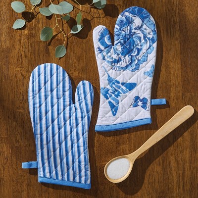 Blue and White Cotton Floral Oven Mitt with Butterflies