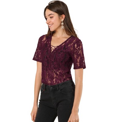 INSPIRE CHIC Women's V Neck Short Sleeves Floral Lace Blouse