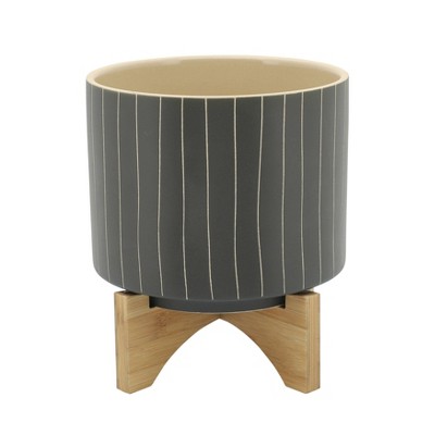 Sagebrook Home 9" Stripes Ceramic Planter with Stand Gray