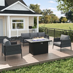LayinSun 4 Piece Outdoor Furniture Set with Fire Pit Table, Modern Rope Woven Patio Conversation Sofa Set with Olefin - 1 of 4