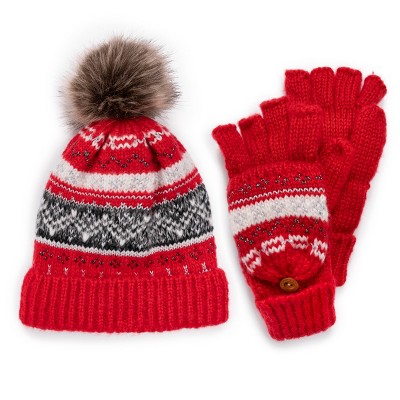 MUK LUKS Women's  Mixed Yarn Beanie and Mitten Set
