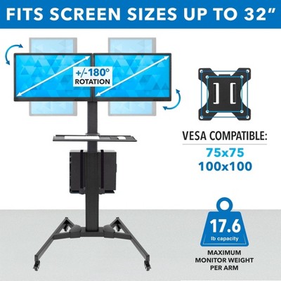 Adjustable Black Steel Mobile Dual Monitor Computer Cart