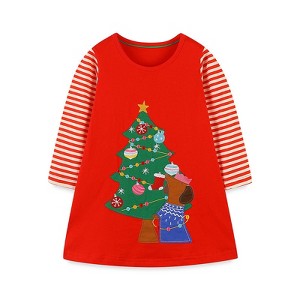 MyKids-Usa Girls’ European-American Style Christmas Tree Cartoon Pattern Striped Sleeves Dress - 1 of 4