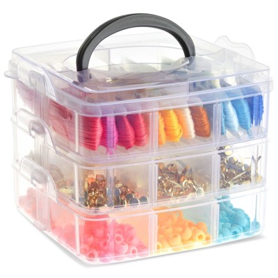 Craft Organizer Box - 3-Layer Stackable Craft Storage Organizer Case, Plastic Craft Supplies Organizer with Adjustable Compartments for Accessories